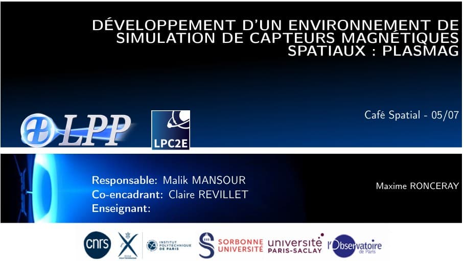 Opening slide of the PLASMAG space magnetic-sensor simulation presentation